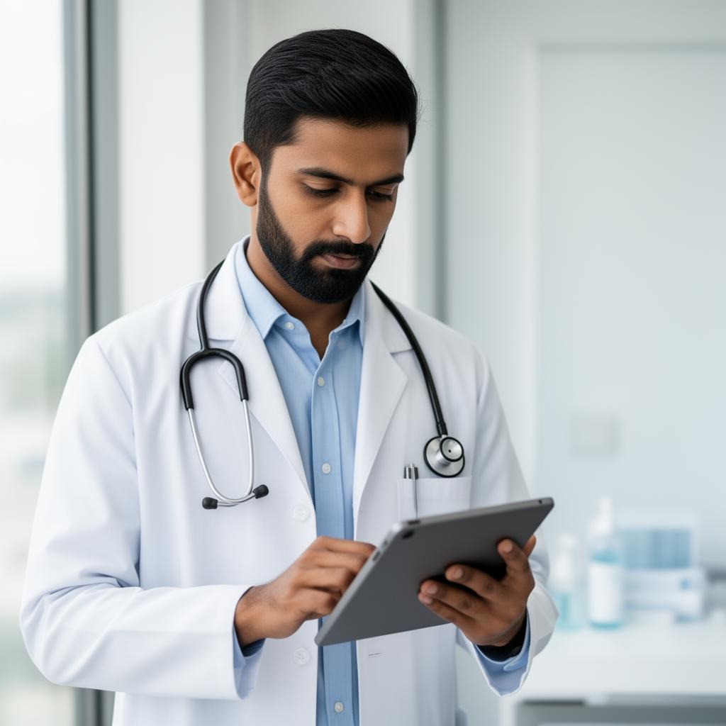 Dr. Jeev K analyzing EHR on tablet